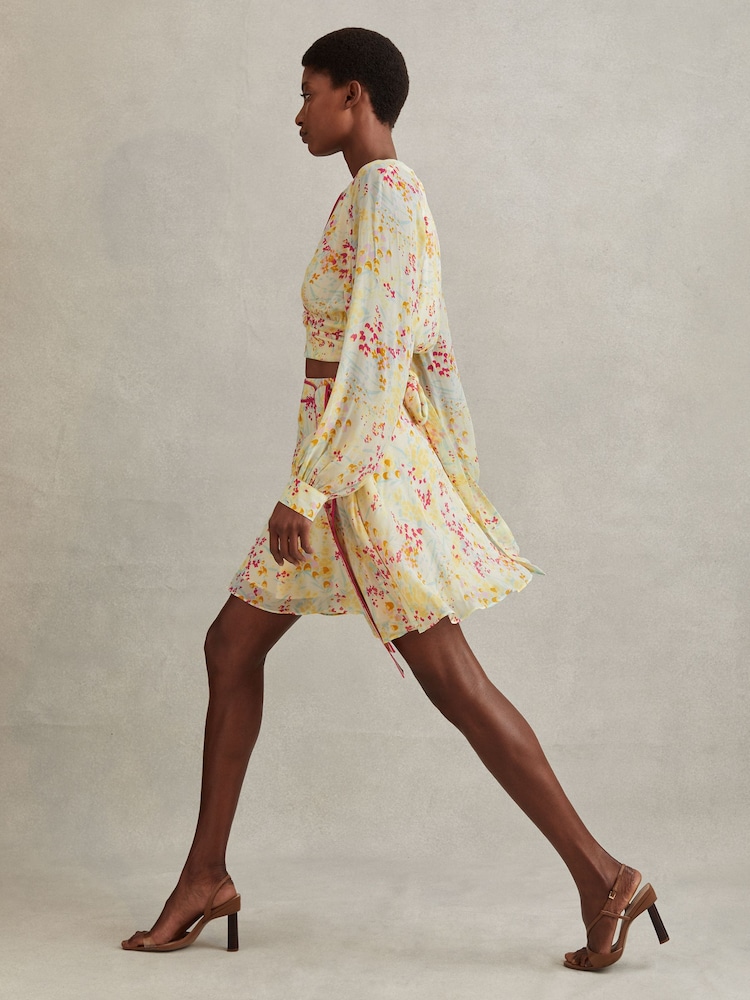 Reiss Pink/Yellow Lyla Floral Print Tie Waist Mini Skirt - Image 1 of 5