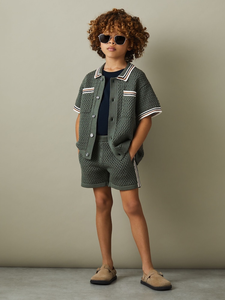 Reiss Dark Sage Green Creek 3-9 yrs Crochet Contrast Trim Elasticated Shorts - Image 1 of 5