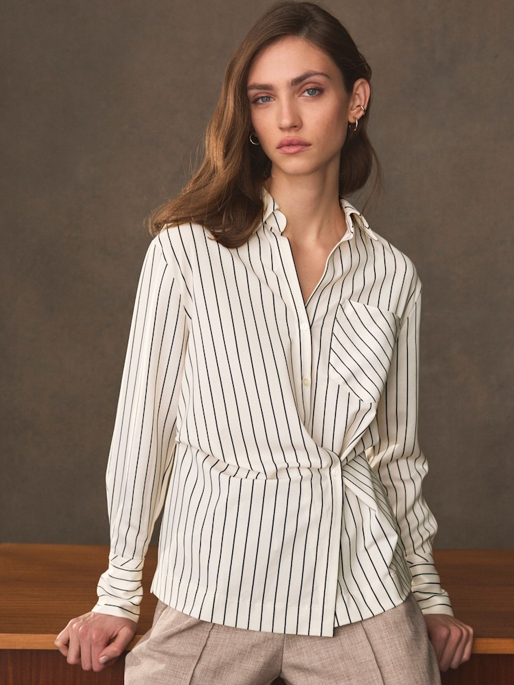 White/Black Stripe Asymmetric Pinstripe Shirt - Image 1 of 9