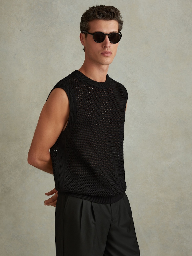 Reiss Black Dandy Cotton Blend Crochet Vest - Image 1 of 4 Reiss Black Dandy Cotton Blend Crochet Vest - Image 1 of 4
