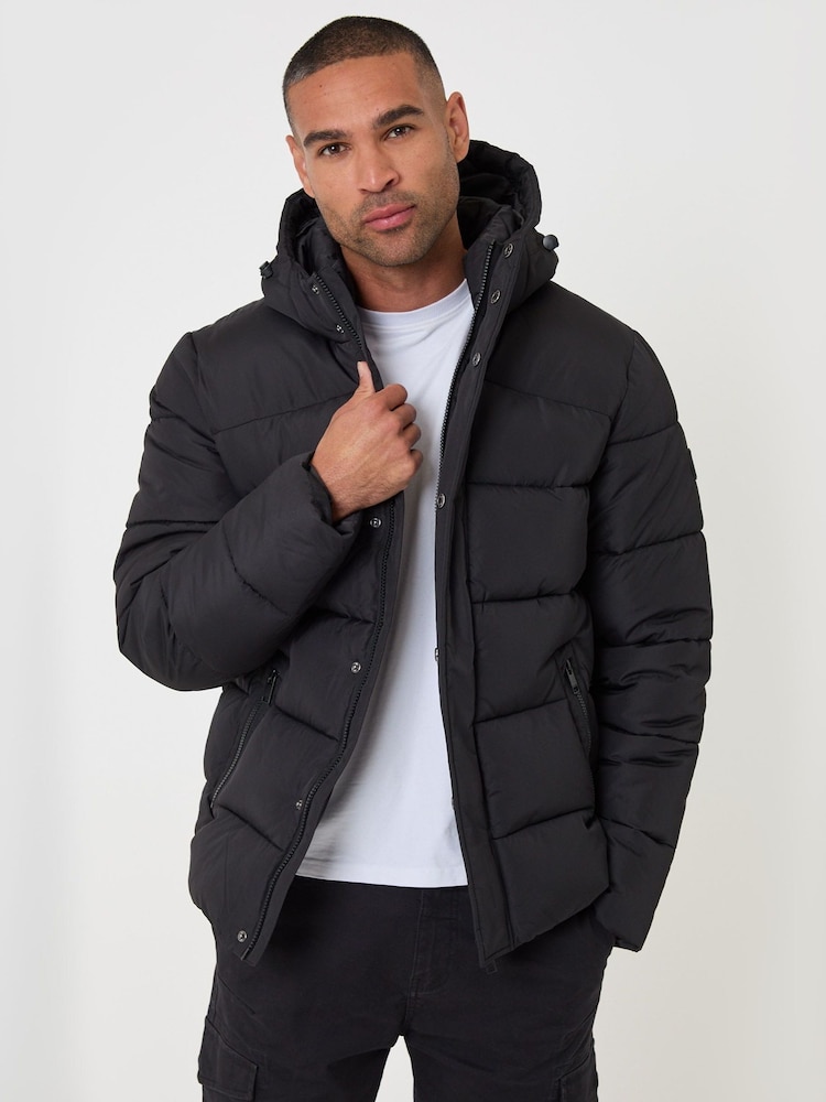 Threadbare Black Showerproof Hooded Puffer Coat - Image 1 of 5 Threadbare Black Showerproof Hooded Puffer Coat - Image 1 of 5