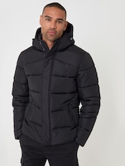 Threadbare Black Showerproof Hooded Puffer Coat - Image 2 of 5