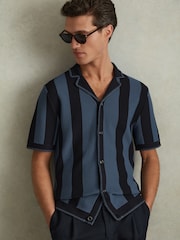 Reiss Navy/Blue Naxos Knitted Cuban Collar Shirt - Image 1 of 5