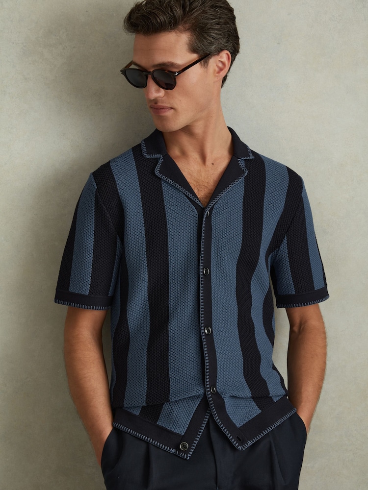 Reiss Navy/Blue Naxos Knitted Cuban Collar Shirt - Image 1 of 5
