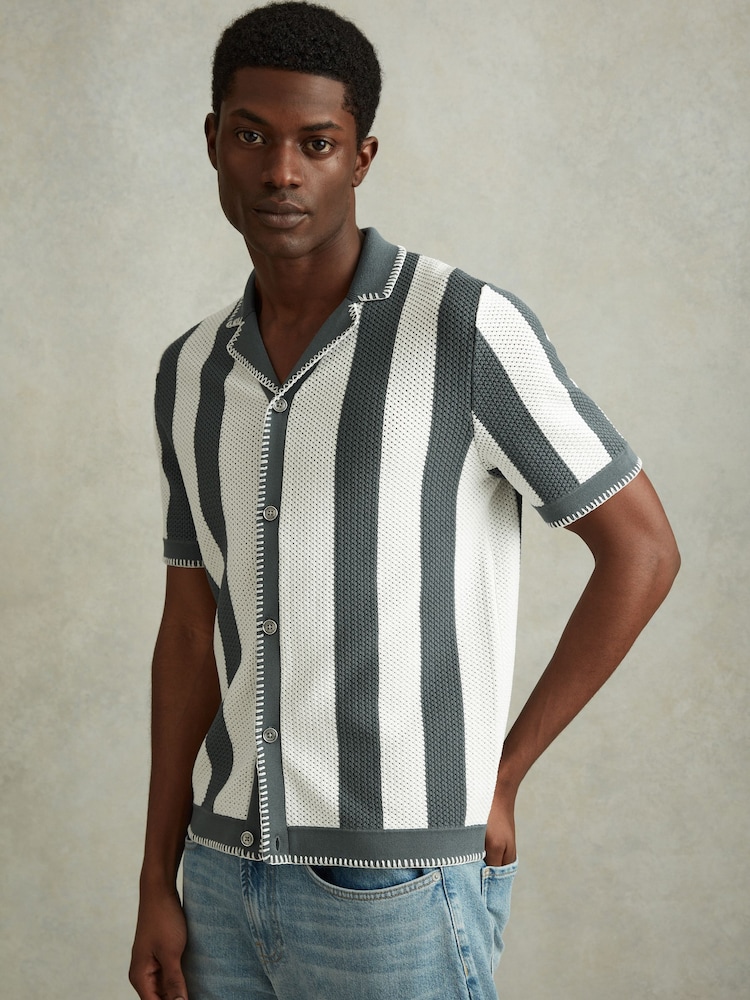 Reiss Argento/Optic White Naxos Knitted Cuban Collar Shirt - Image 1 of 6