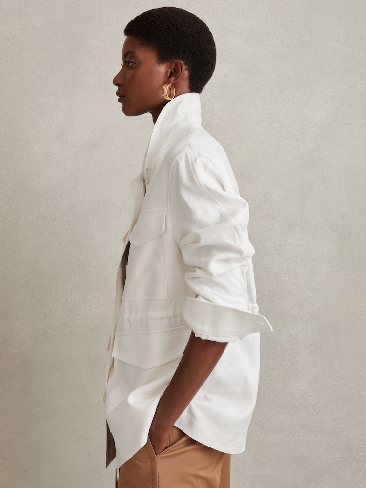 Reiss White Jade Linen Blend Drawstring Overshirt - Image 1 of 6