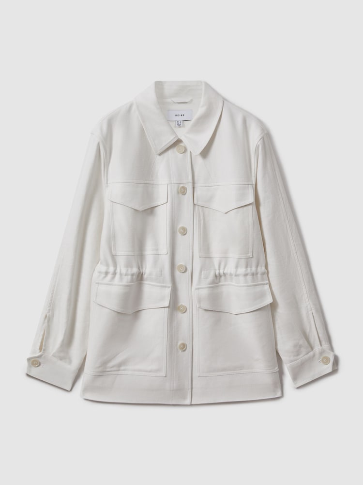 Reiss White Jade Linen Blend Drawstring Overshirt - Image 2 of 6 Reiss White Jade Linen Blend Drawstring Overshirt - Image 2 of 6