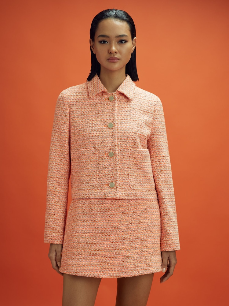 Reiss x McLaren F1 Team Papaya Bouclé Cropped Jacket - Image 1 of 8 Reiss x McLaren F1 Team Papaya Bouclé Cropped Jacket - Image 1 of 8