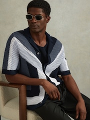 Reiss Navy Multi Panko Cotton Blend Crochet Cuban Collar Shirt - Image 1 of 4