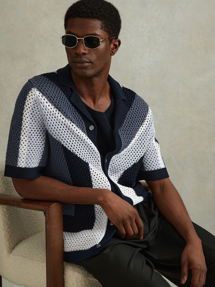 Reiss Navy Multi Panko Cotton Blend Crochet Cuban Collar Shirt - Image 1 of 4
