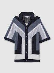 Reiss Navy Multi Panko Cotton Blend Crochet Cuban Collar Shirt - Image 2 of 4