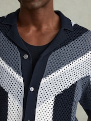 Reiss Navy Multi Panko Cotton Blend Crochet Cuban Collar Shirt - Image 3 of 4