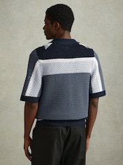 Reiss Navy Multi Panko Cotton Blend Crochet Cuban Collar Shirt - Image 4 of 4