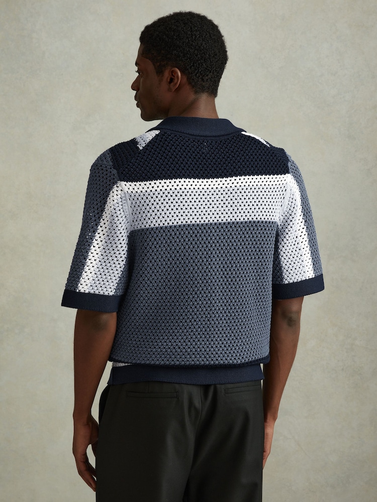 Reiss Navy Multi Panko Cotton Blend Crochet Cuban Collar Shirt - Image 4 of 4