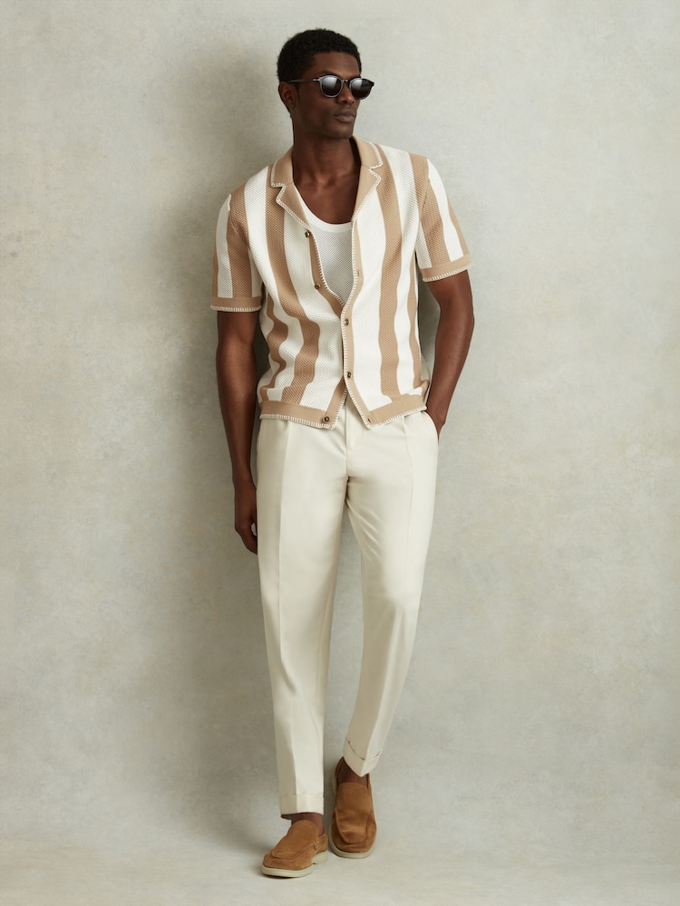 Reiss Stone/Optic White Naxos Knitted Cuban Collar Shirt - Image 1 of 5
