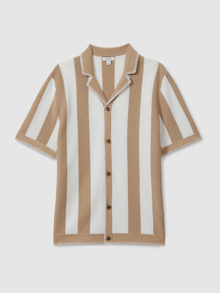 Reiss Stone/Optic White Naxos Knitted Cuban Collar Shirt - Image 2 of 5
