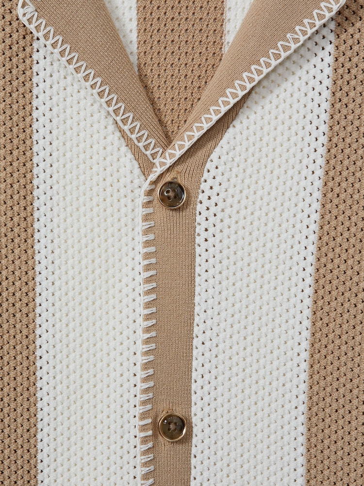 Reiss Stone/Optic White Naxos Knitted Cuban Collar Shirt - Image 5 of 5