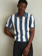 Reiss Airforce Blue/Ecru Paros Knitted Half-Zip Polo Shirt - Image 1 of 5