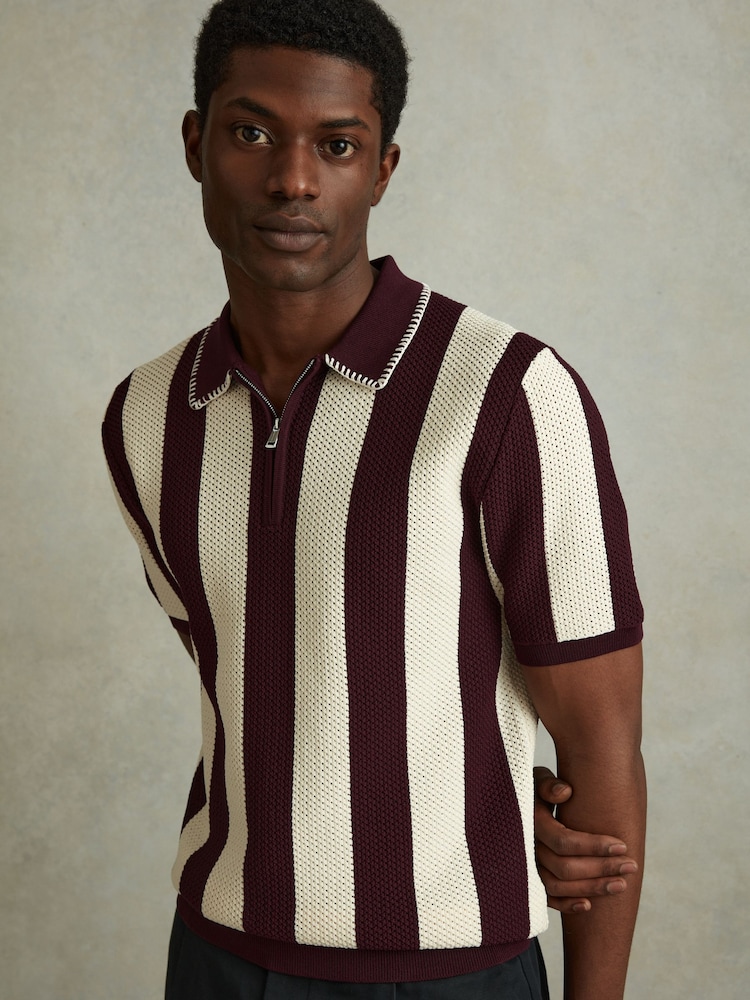 Reiss White/Bordeaux Paros Knitted Half-Zip Polo Shirt - Image 1 of 6