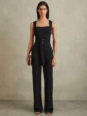Reiss Black Kim Cross Back Belted Jumpsuit - Image 1 of 6