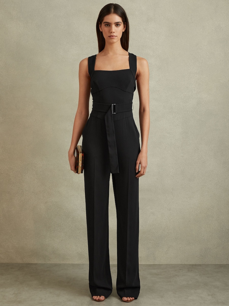 Reiss Black Kim Cross Back Belted Jumpsuit - Image 1 of 6
