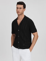 Reiss Black Heartwood Embroidered Cuban Collar Shirt - Image 1 of 6