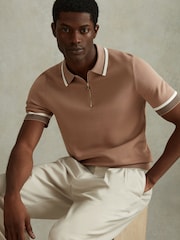 Reiss Warm Taupe Chelsea Half-Zip Polo Shirt - Image 1 of 6