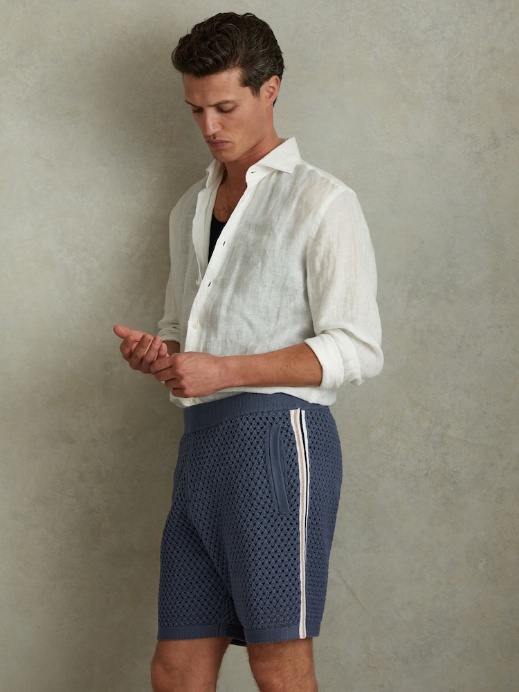 Reiss Airforce Blue Creek Cotton Blend Crochet Drawstring Shorts - Image 1 of 4 Reiss Airforce Blue Creek Cotton Blend Crochet Drawstring Shorts - Image 1 of 4