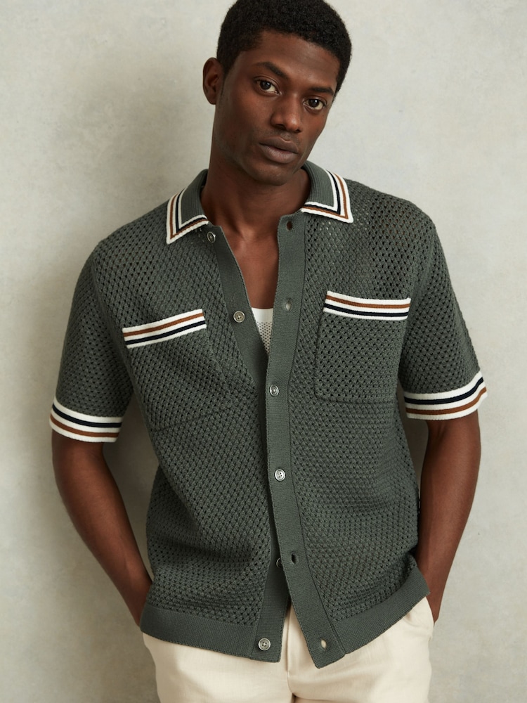 Verde salvia oscuro - Camisa de ganchillo de mezcla de algodón Coulson de Reiss - Imagen 1 de 6
