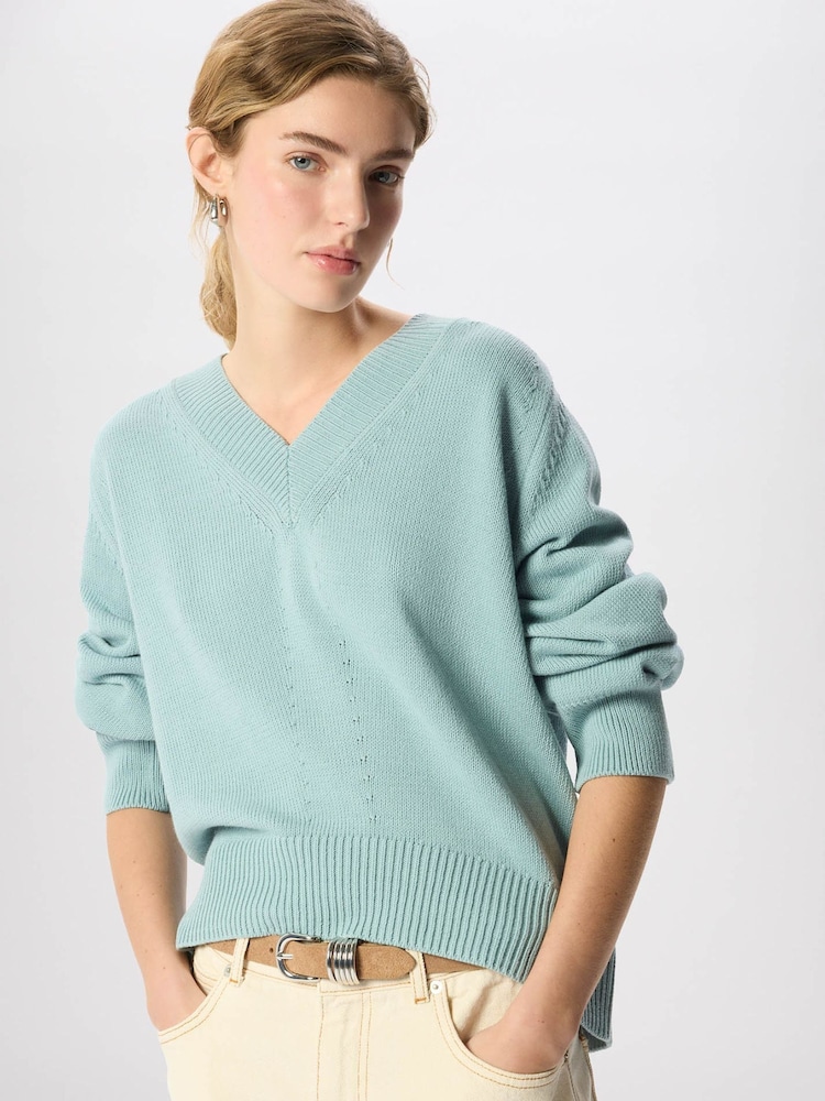 Whistles Blue Cotton V-Neck Relaxed Knit Jumper - Image 1 of 6 Whistles Blue Cotton V-Neck Relaxed Knit Jumper - Image 1 of 6
