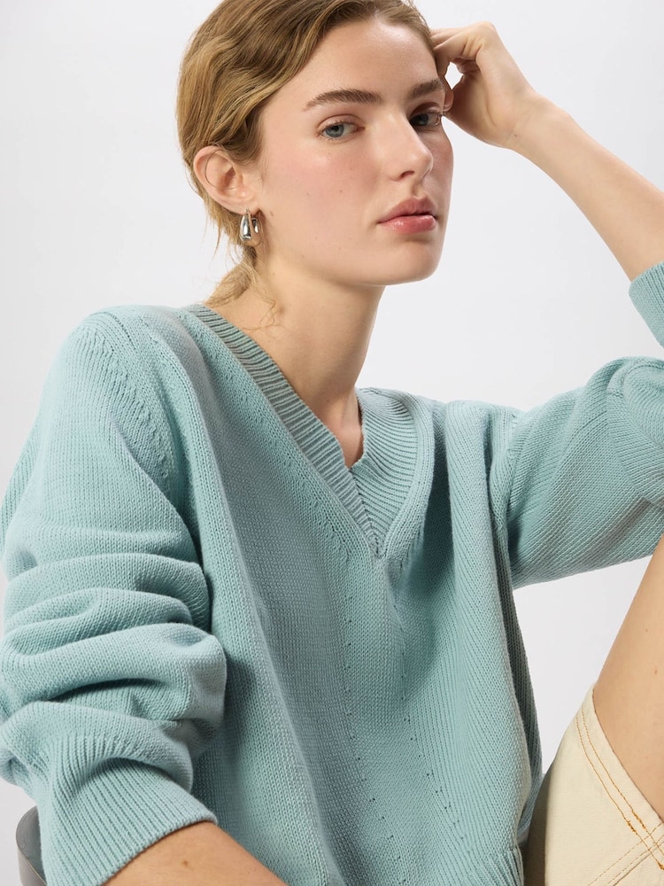 Whistles Blue Cotton V-Neck Relaxed Knit Jumper - Image 2 of 6 Whistles Blue Cotton V-Neck Relaxed Knit Jumper - Image 2 of 6
