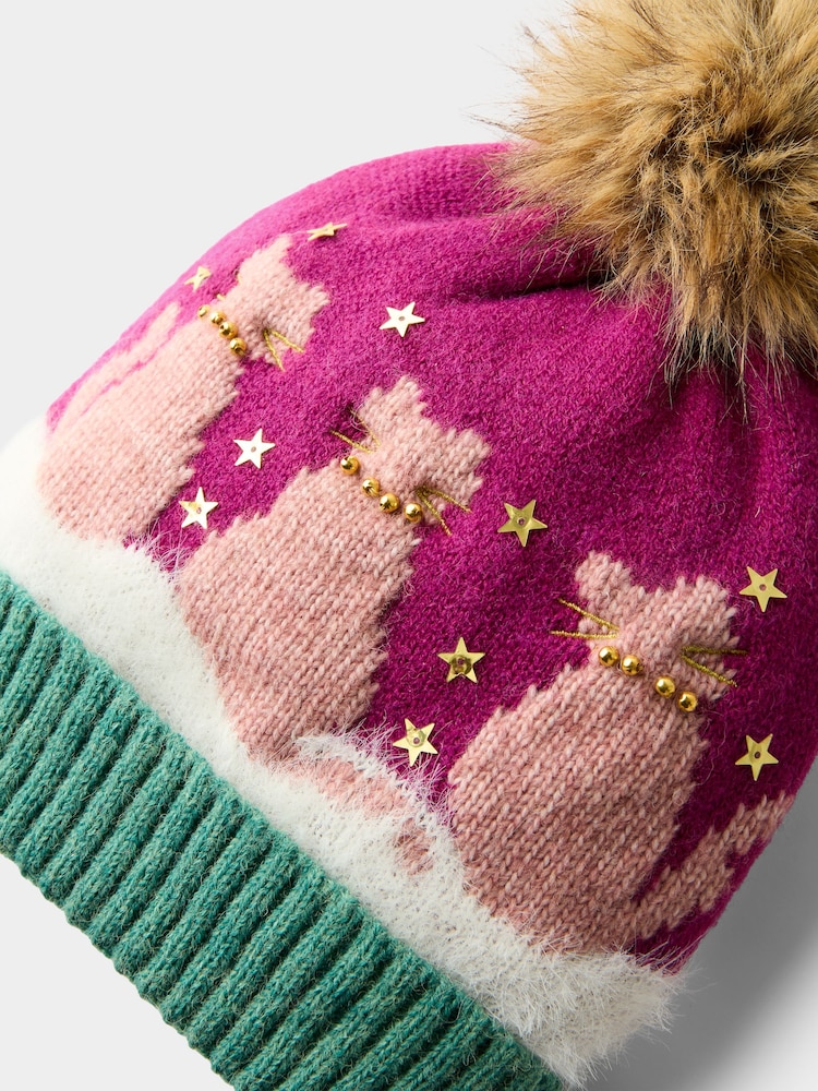 Joe Browns Pink Cosy Cats Winter Bobble Hat - Image 6 of 6