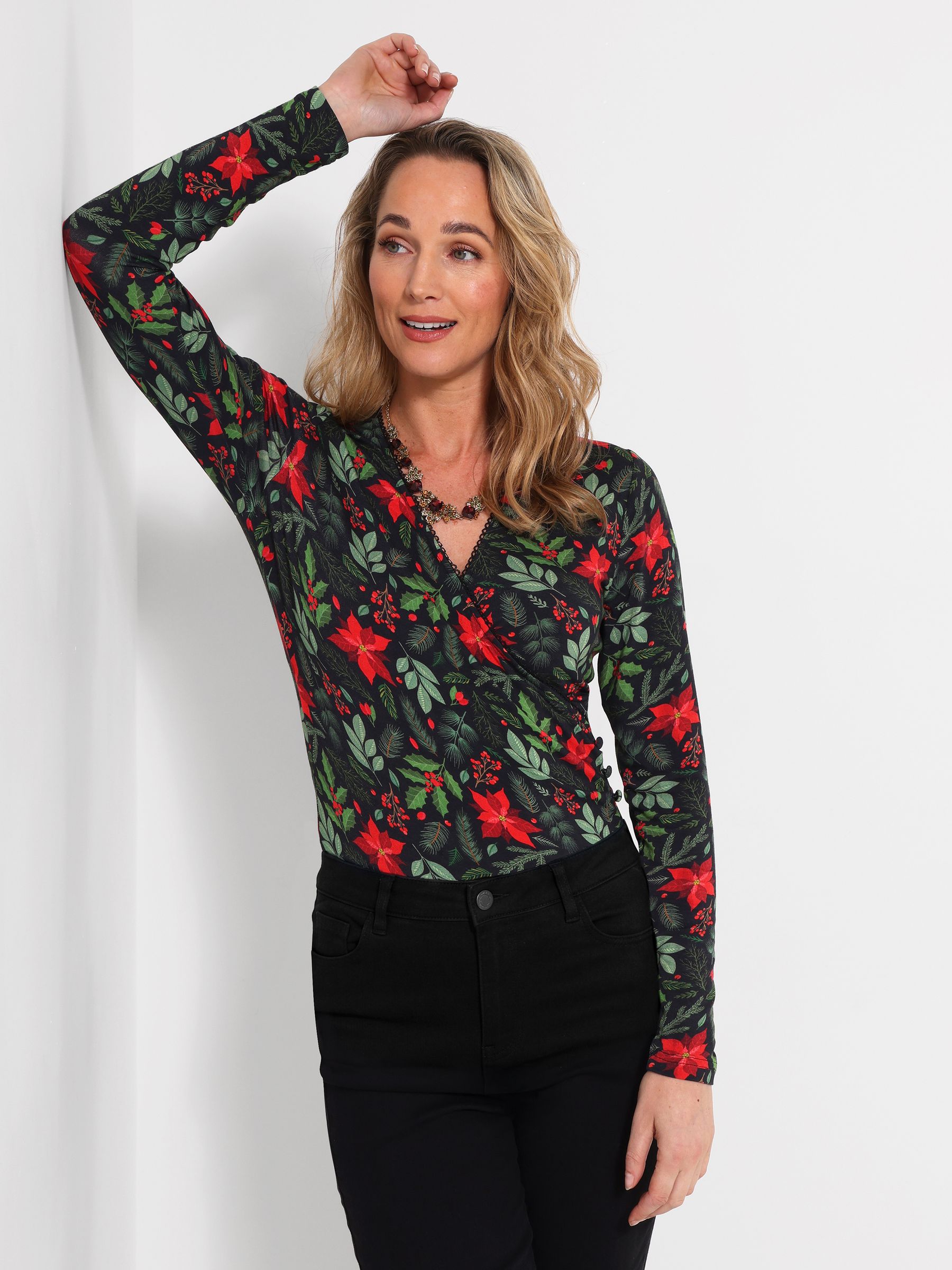 Poinsettia Printed Jersey Wrap Top Size 8   Women's - Image 4
