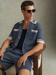 Reiss Airforce Blue Coulson Cotton Blend Crochet Shirt - Image 1 of 5