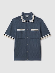 Reiss Airforce Blue Coulson Cotton Blend Crochet Shirt - Image 2 of 5