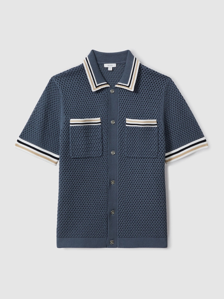 Reiss Airforce Blue Coulson Cotton Blend Crochet Shirt - Image 2 of 5