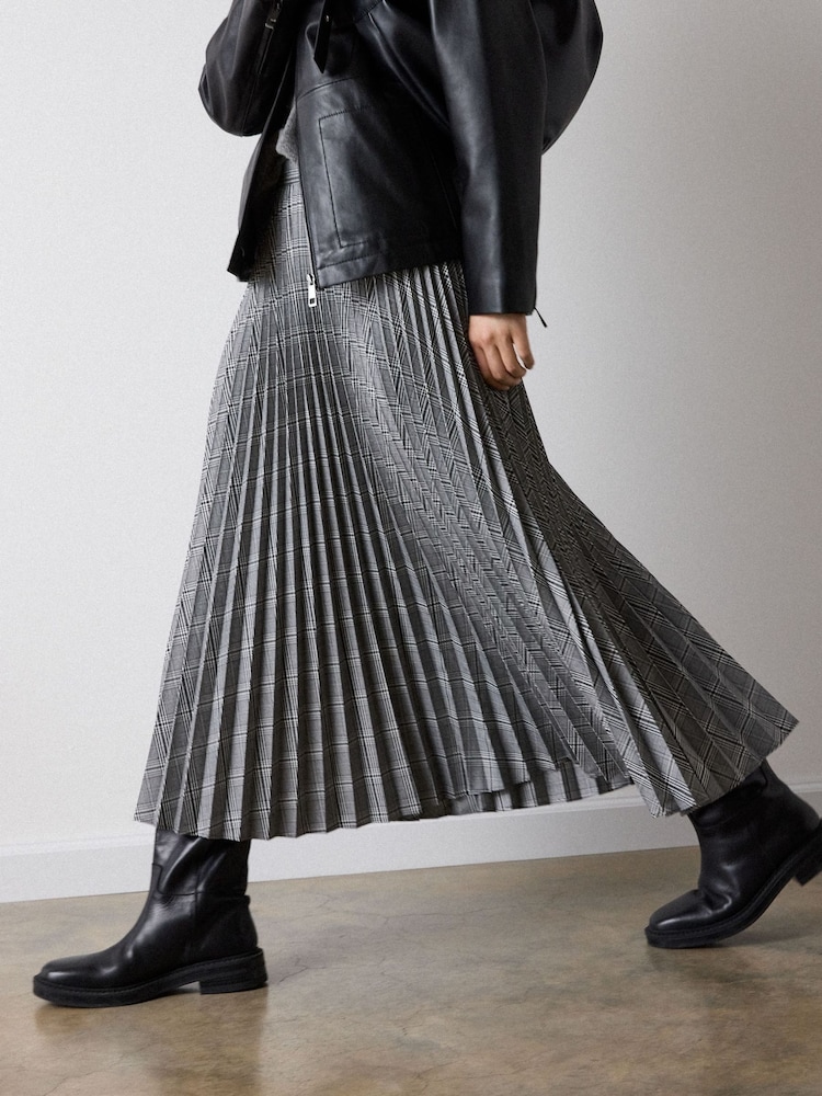 Whistles Grey Petite Check Pleated Midi Skirt - Image 2 of 6