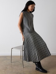 Whistles Grey Petite Check Pleated Midi Skirt - Image 5 of 6