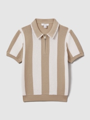 Reiss Soft Taupe/Optic White Paros 13-14 yrs Knitted Striped Half-Zip Polo Shirt - Image 1 of 4
