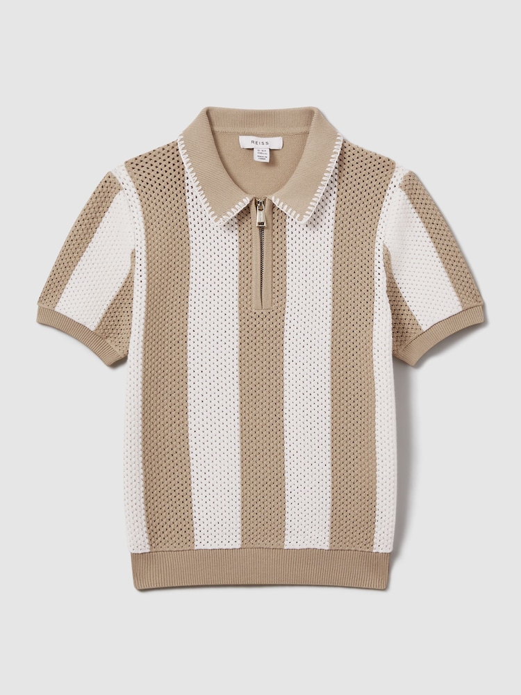 Reiss Soft Taupe/Optic White Paros 13-14 yrs Knitted Striped Half-Zip Polo Shirt - Image 1 of 4