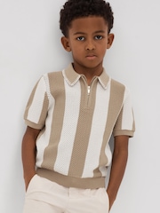 Reiss Soft Taupe/Optic White Paros 13-14 yrs Knitted Striped Half-Zip Polo Shirt - Image 2 of 4