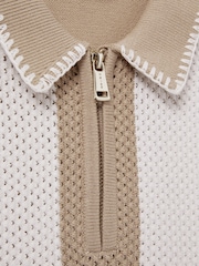 Reiss Soft Taupe/Optic White Paros 13-14 yrs Knitted Striped Half-Zip Polo Shirt - Image 4 of 4
