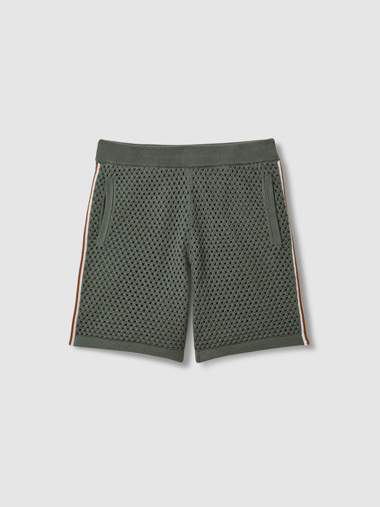 Reiss Dark Sage Green Creek Cotton Blend Crochet Drawstring Shorts - Image 2 of 6