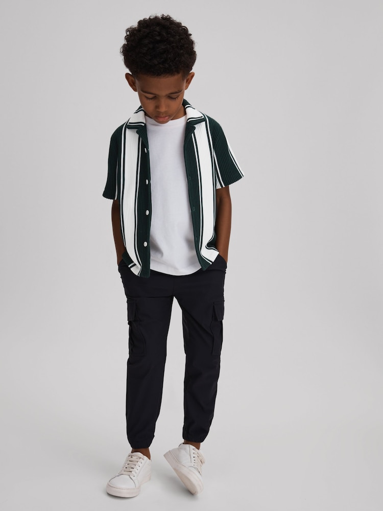 Reiss Green/White Alton 3-9 yrs Ribbed Cuban Collar Shirt - Image 1 of 4