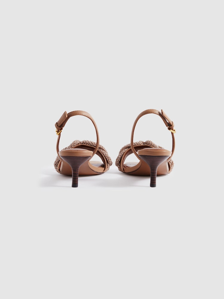 Reiss Tan Alicia Leather Embellished Knot Kitten Heels - Image 3 of 7