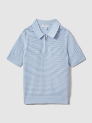 Reiss Soft Blue Burnham Teen Textured Half-Zip Polo T-Shirt - Image 1 of 4
