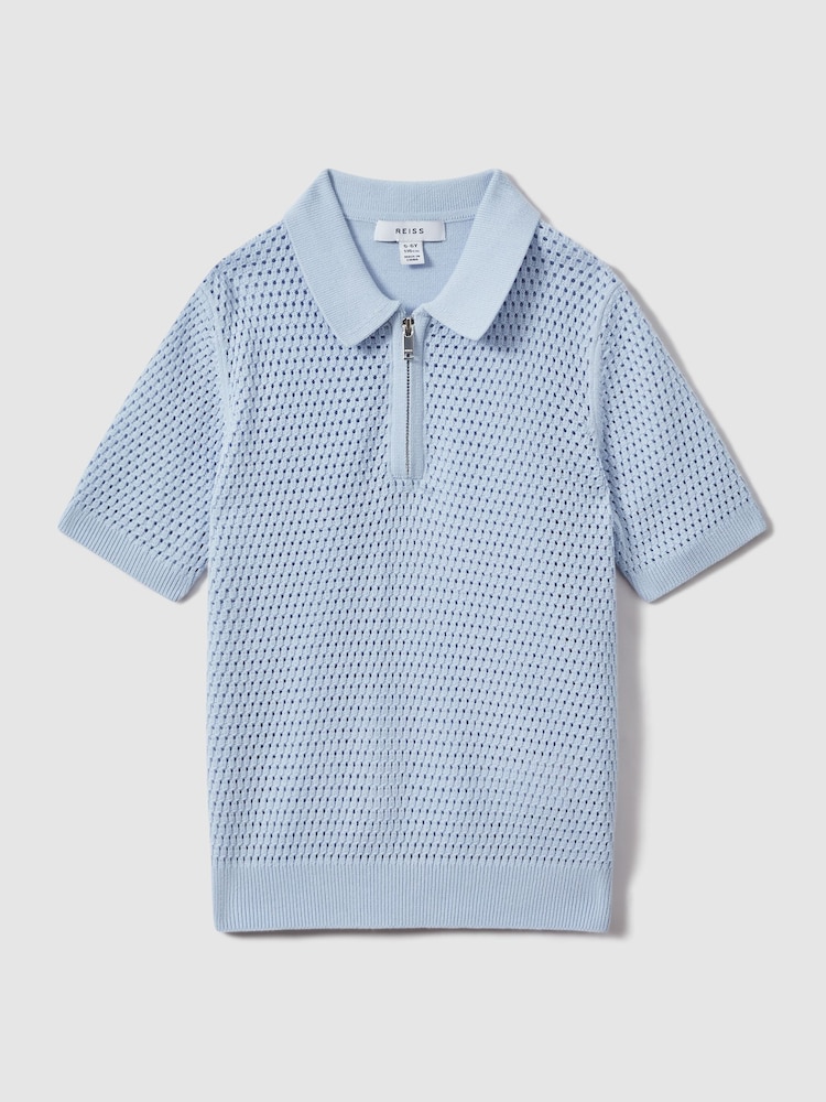 Reiss Soft Blue Burnham Teen Textured Half-Zip Polo T-Shirt - Image 1 of 4