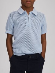 Reiss Soft Blue Burnham Teen Textured Half-Zip Polo T-Shirt - Image 2 of 4