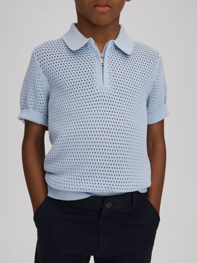 Reiss Soft Blue Burnham Teen Textured Half-Zip Polo T-Shirt - Image 2 of 4