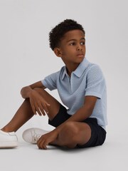 Reiss Soft Blue Burnham Teen Textured Half-Zip Polo T-Shirt - Image 3 of 4